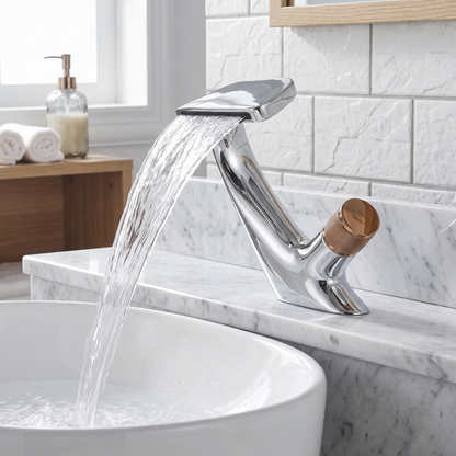 Bodo waterfall bathroom faucet Chrome and Rose Gold lifestyle