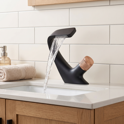 Bodo waterfall bathroom faucet Matte Black and Rose Gold lifestyle
