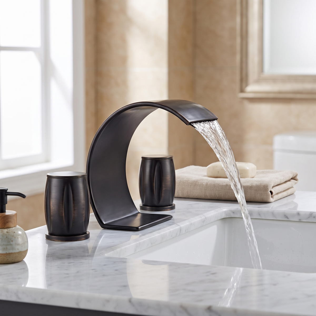 Serene Widespread Bathroom Faucet lifestyle angle — Brushed Nickel finish — Casa Norex