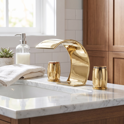 Serene Widespread Bathroom Faucet countertop view — Brushed Gold finish — Casa Norex