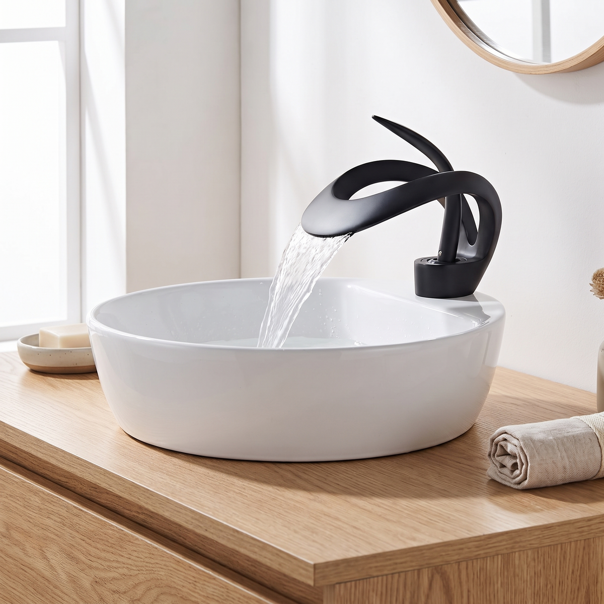 Larkwell Waterfall Bathroom Faucet mounting detail — Black finish — Casa Norex