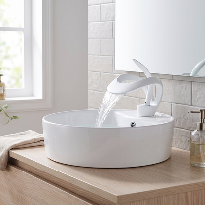 Larkwell Waterfall Bathroom Faucet reach profile — White finish — Casa Norex