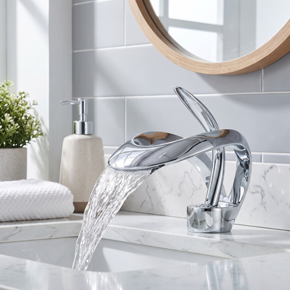 Larkwell Waterfall Bathroom Faucet valve detail — Chrome finish — Casa Norex
