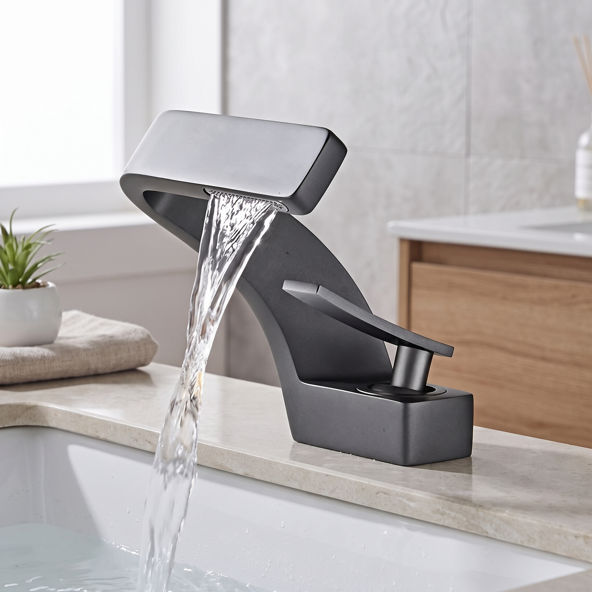 Cascadia Waterfall Bathroom Faucet lifestyle angle — Brushed Nickel finish — Casa Norex