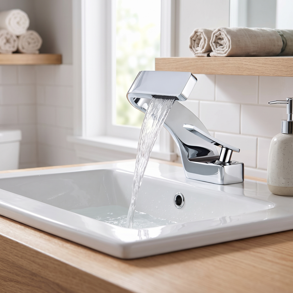 Cascadia Waterfall Bathroom Faucet countertop view — Gray finish — Casa Norex