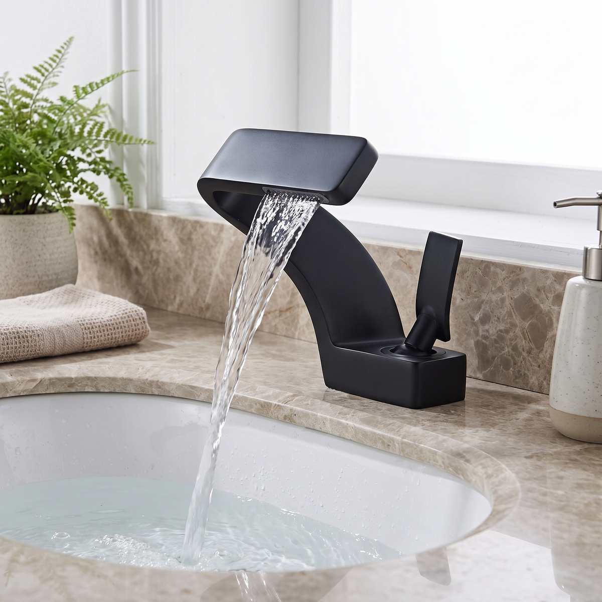 Cascadia Waterfall Bathroom Faucet valve detail — White finish — Casa Norex
