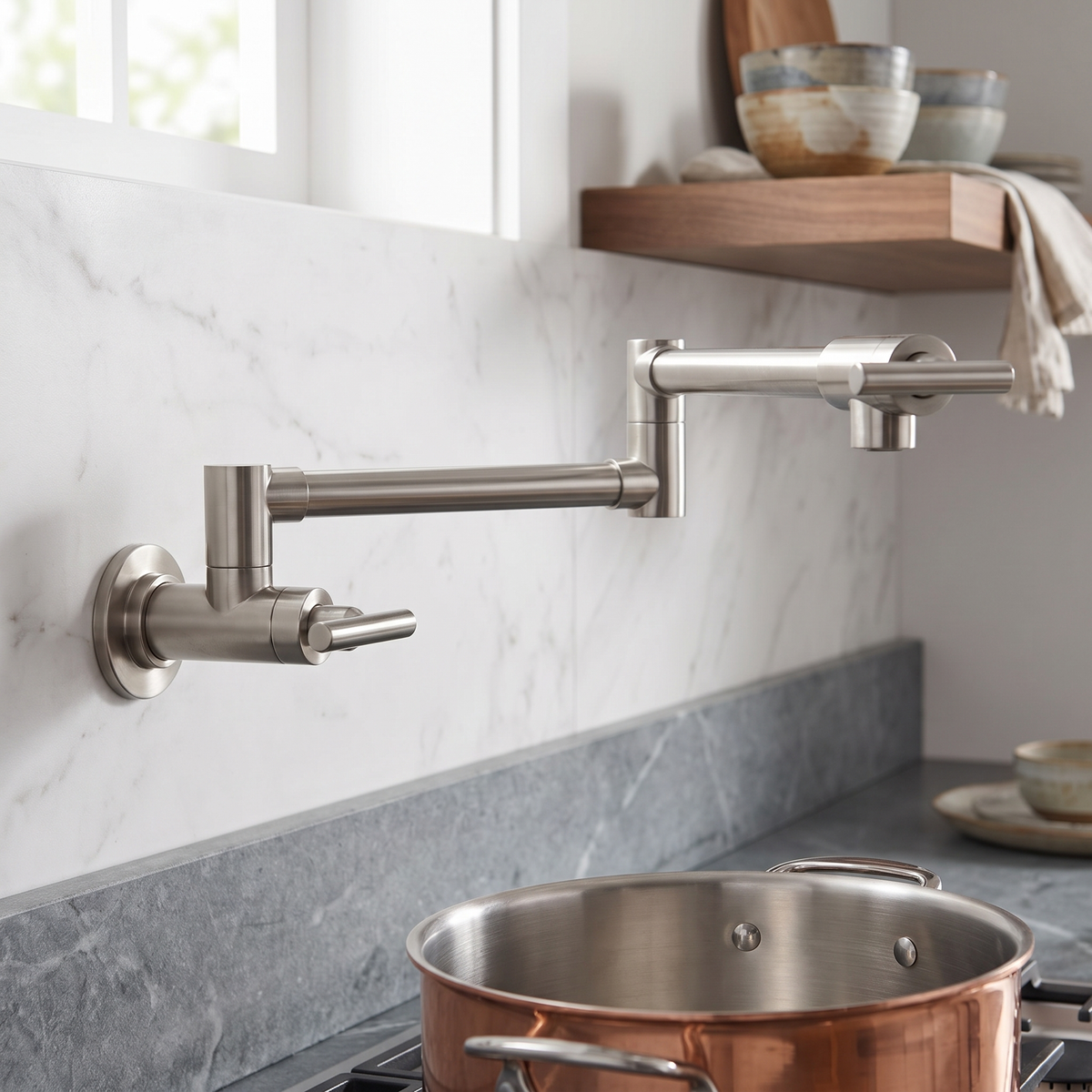 Rangewell Pot Filler Kitchen Faucet reach profile — Brushed Nickel finish — Casa Norex