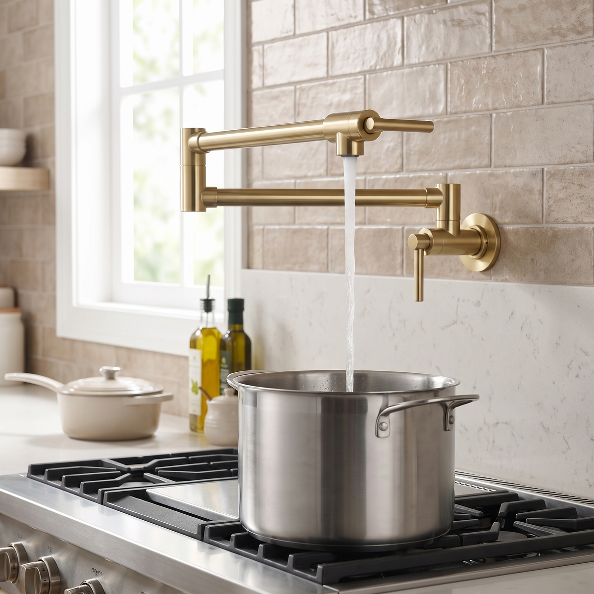 Rangewell Pot Filler Kitchen Faucet mounting detail — Gold finish — Casa Norex