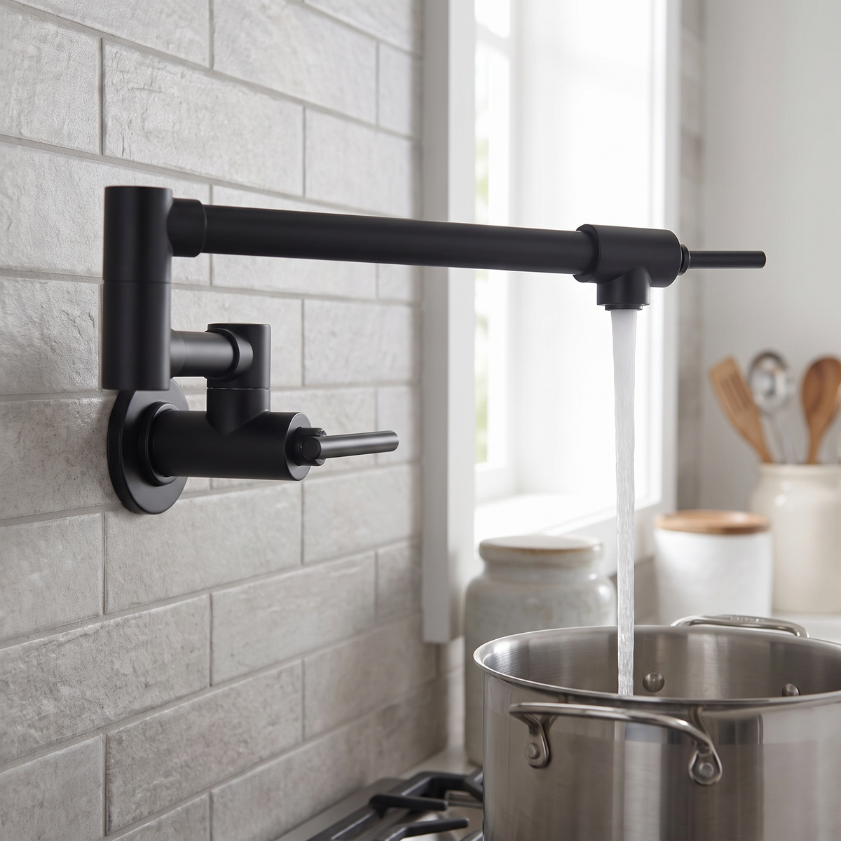 Rangewell Pot Filler Kitchen Faucet valve detail — Matte Black finish — Casa Norex