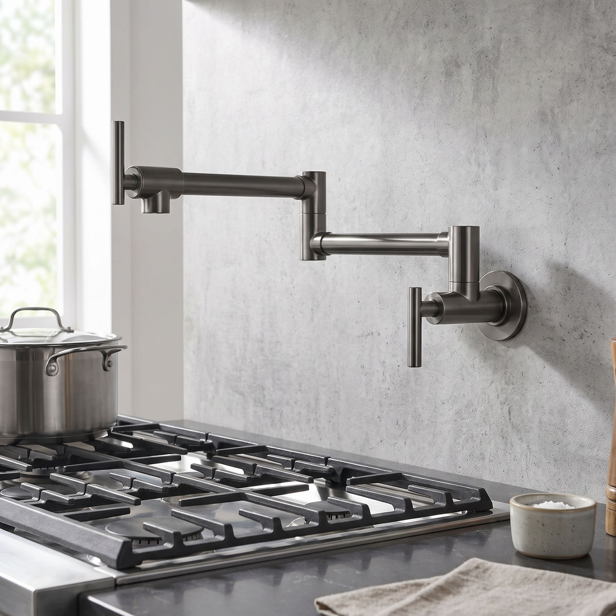 Rangewell Pot Filler Kitchen Faucet full profile — Gun Gray finish — Casa Norex