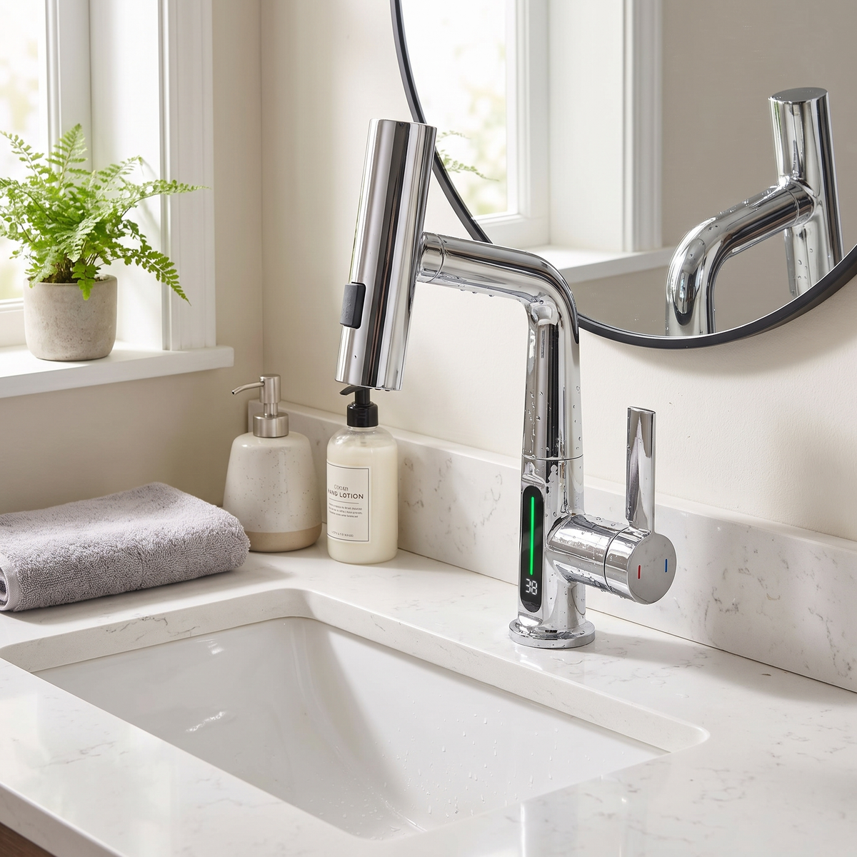 Novara Waterfall Bathroom Faucet aerator close-up — Matte White finish — Casa Norex