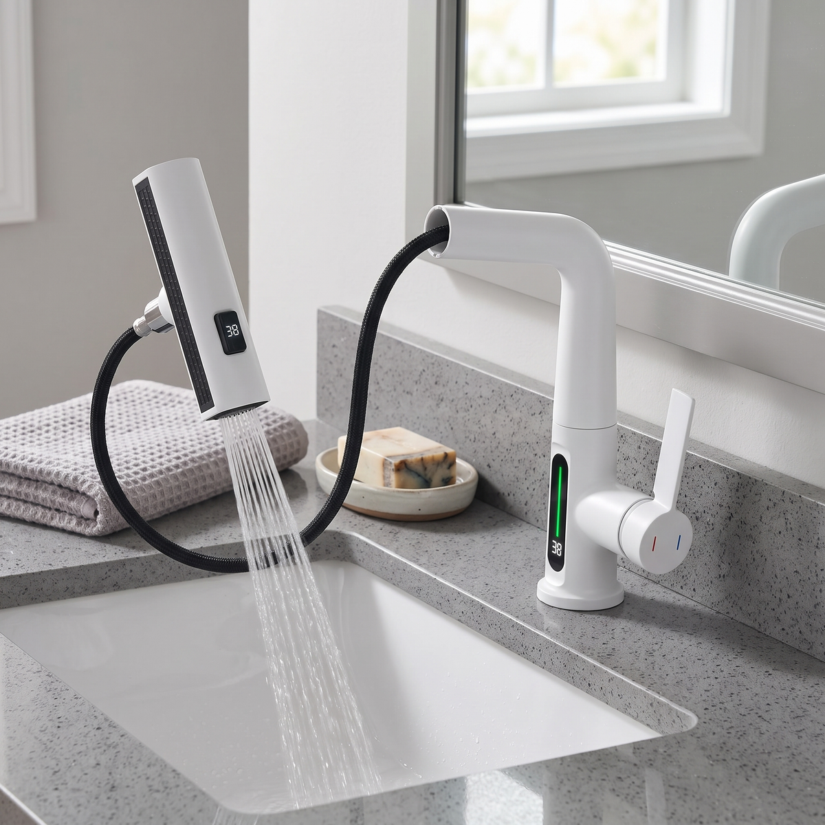 Novara Waterfall Bathroom Faucet reach profile — Matte Black finish — Casa Norex