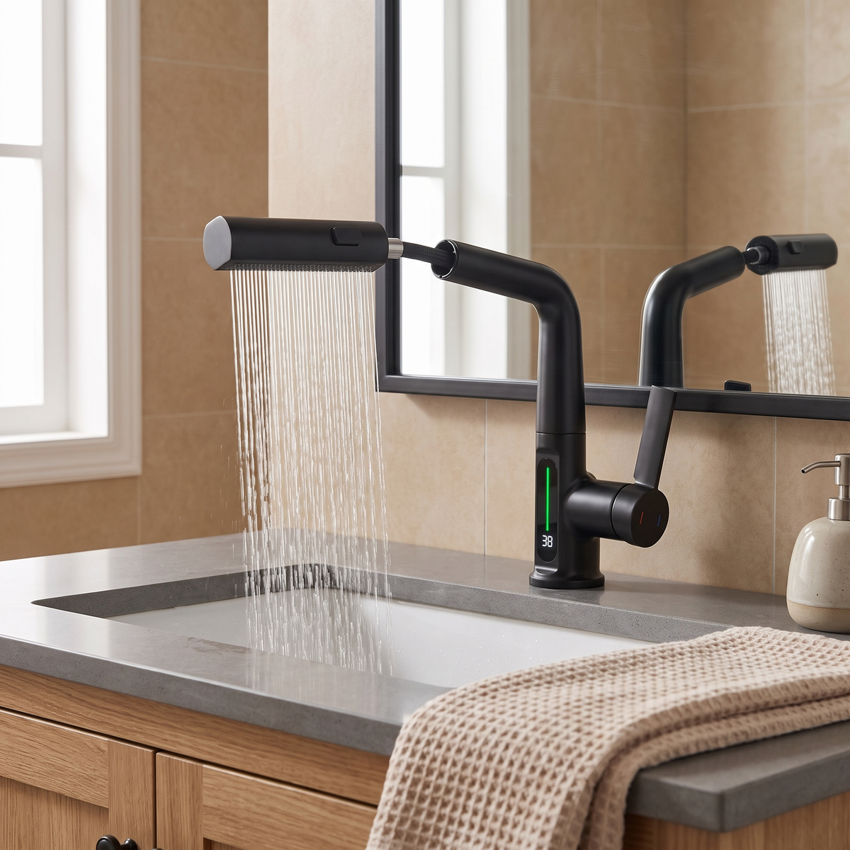 Novara Waterfall Bathroom Faucet valve detail — Gray finish — Casa Norex