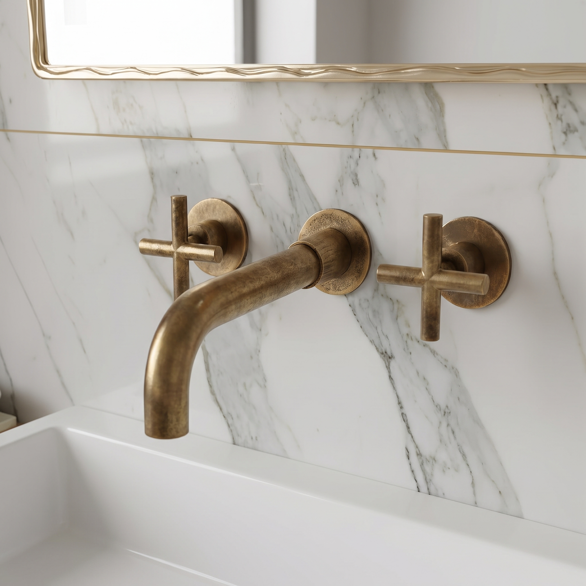 Lovasen wall mounted double handle faucet - antique brass finish - lifestyle