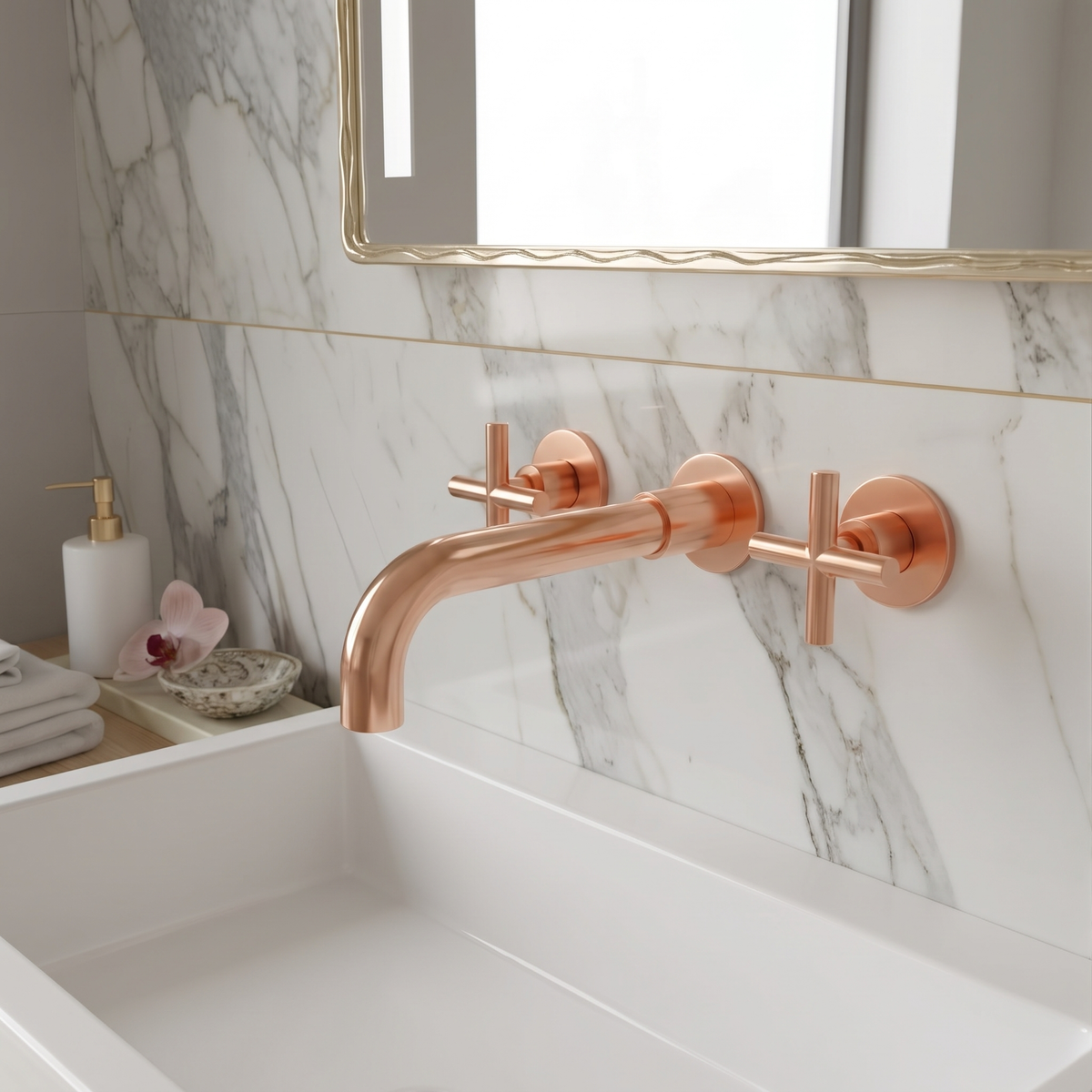 Lovasen wall mounted double handle faucet - rose gold finish - lifestyle
