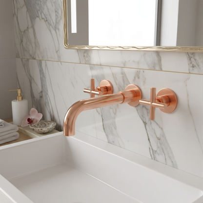 Lovasen wall mounted double handle faucet - rose gold finish - lifestyle