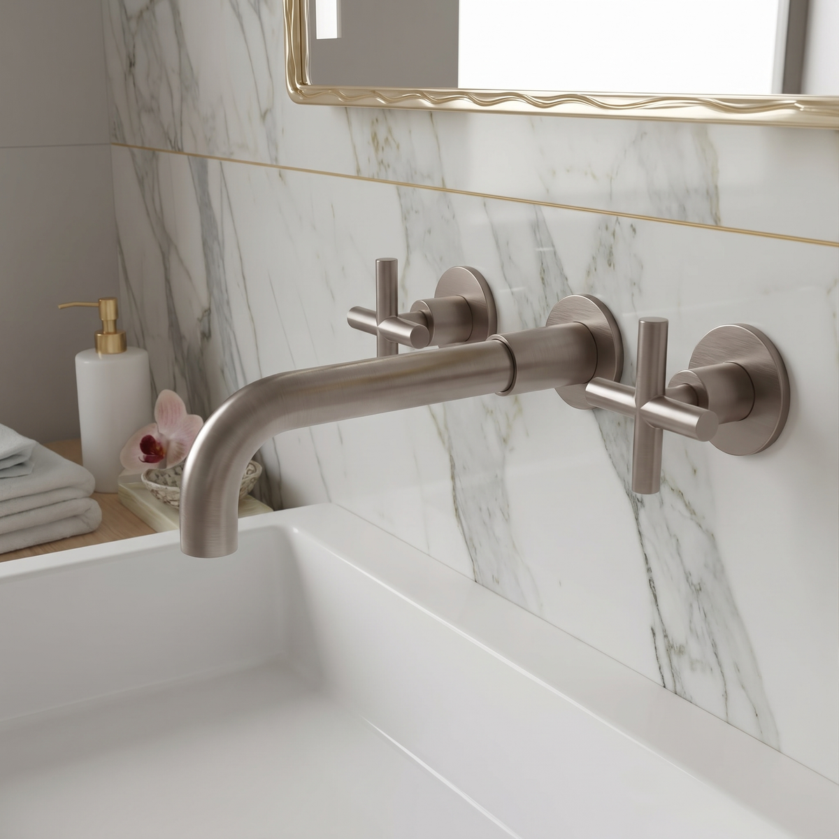 Rotare Wall-Mounted Bathroom Faucet spout close-up — Brushed Gold finish — Casa Norex