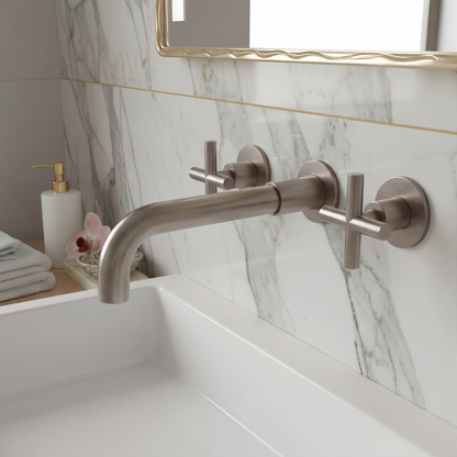 Rotare Wall-Mounted Bathroom Faucet spout close-up — Brushed Gold finish — Casa Norex