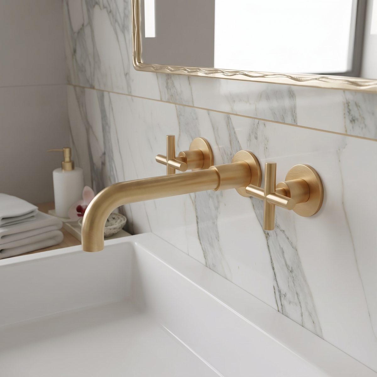 Lovasen wall mounted double handle faucet - brushed gold finish - lifestyle