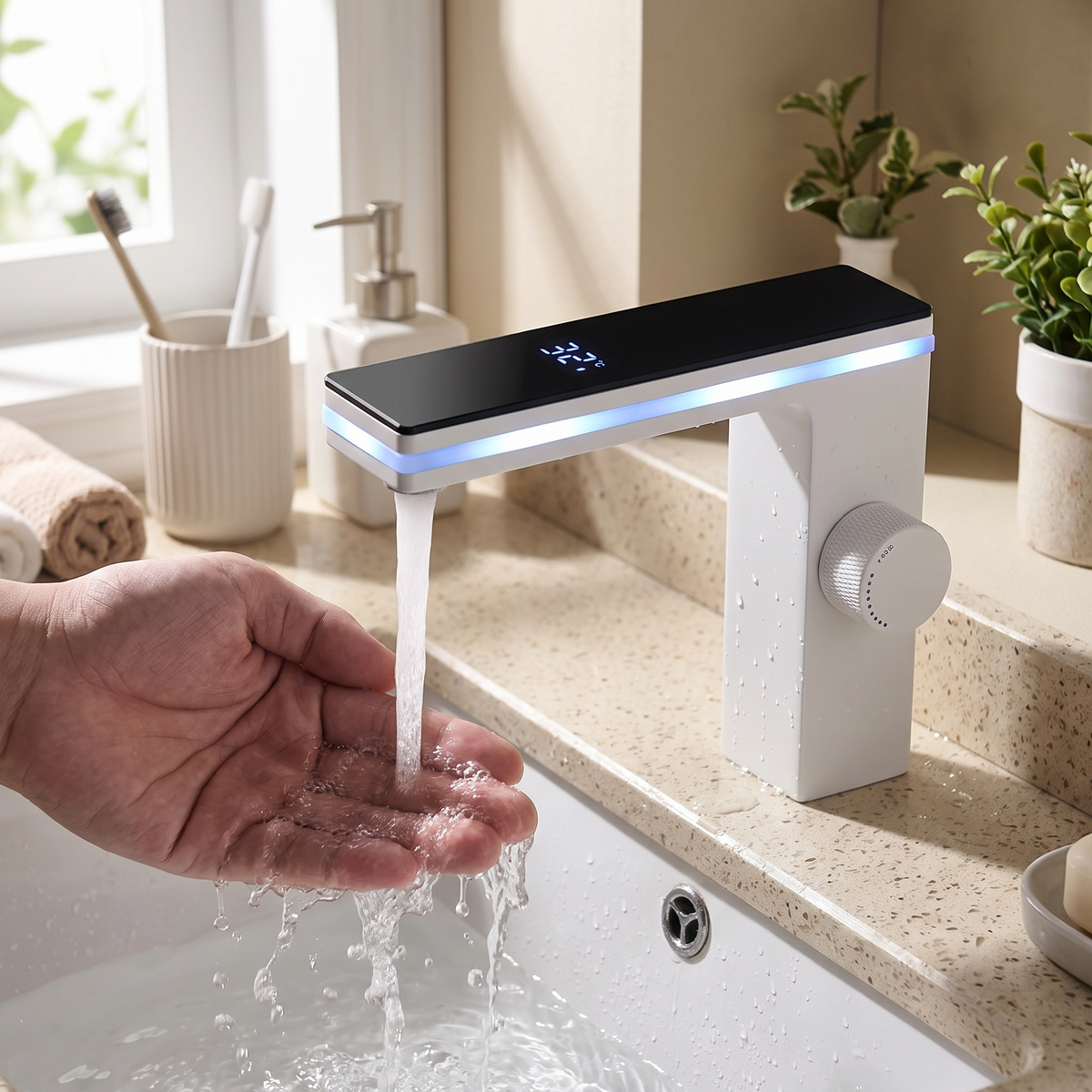 Celsiq Bathroom Basin Faucet spray head detail — White finish — Casa Norex
