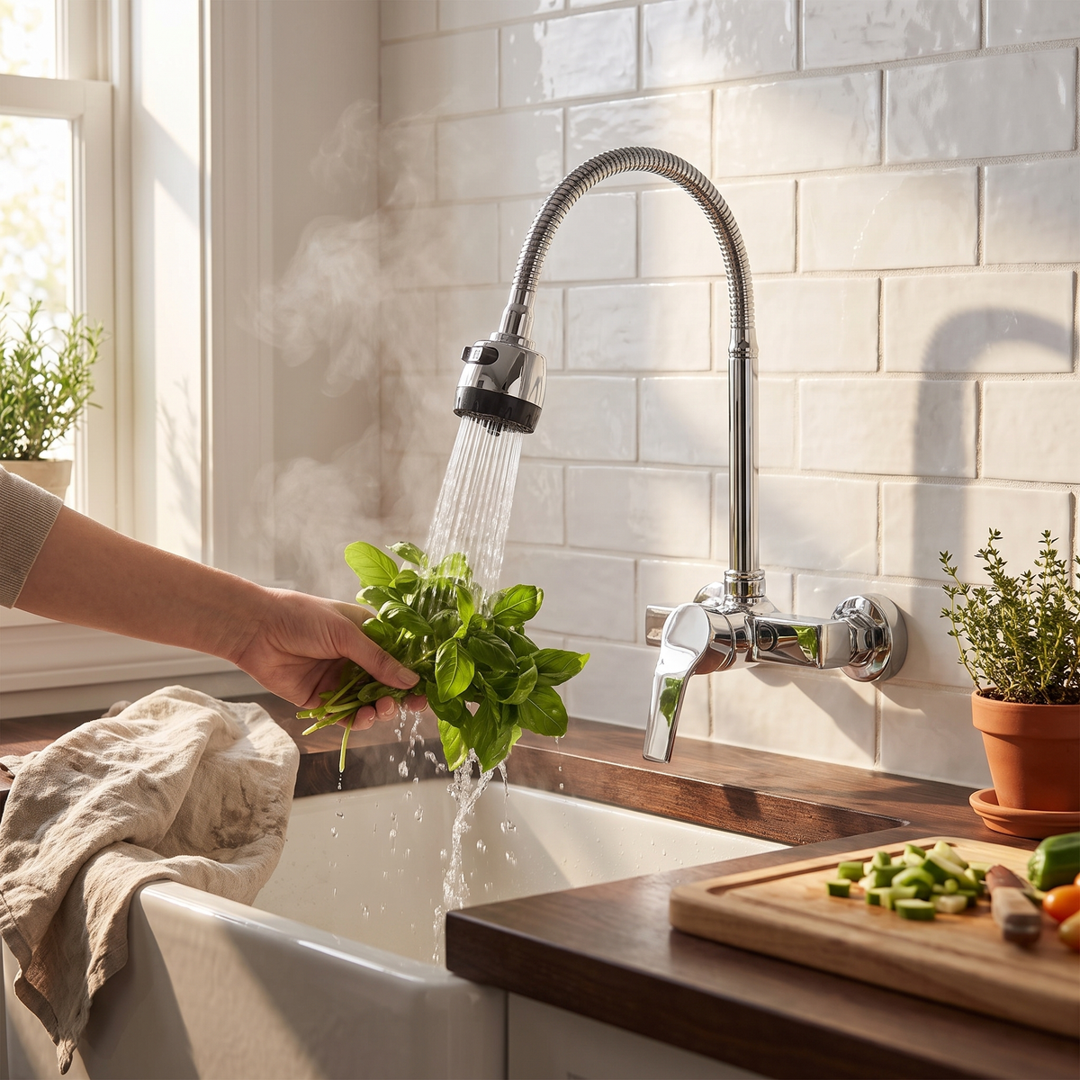 Millcross wall-mounted kitchen faucet in chrome mounted above a kitchen sink