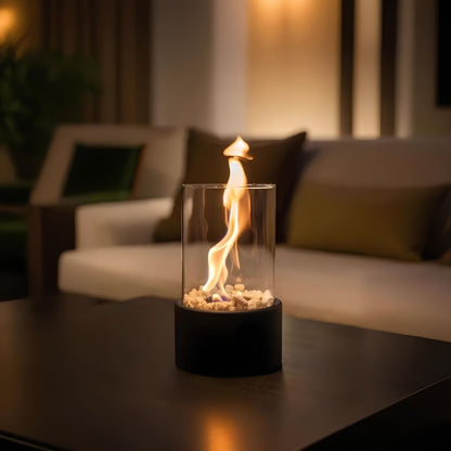 Tabletop fireplace oil lamp with a live flame on a living room coffee table | Casa Norex