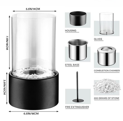 Dimension and parts diagram of the glass cylinder oil lamp — Casa Norex