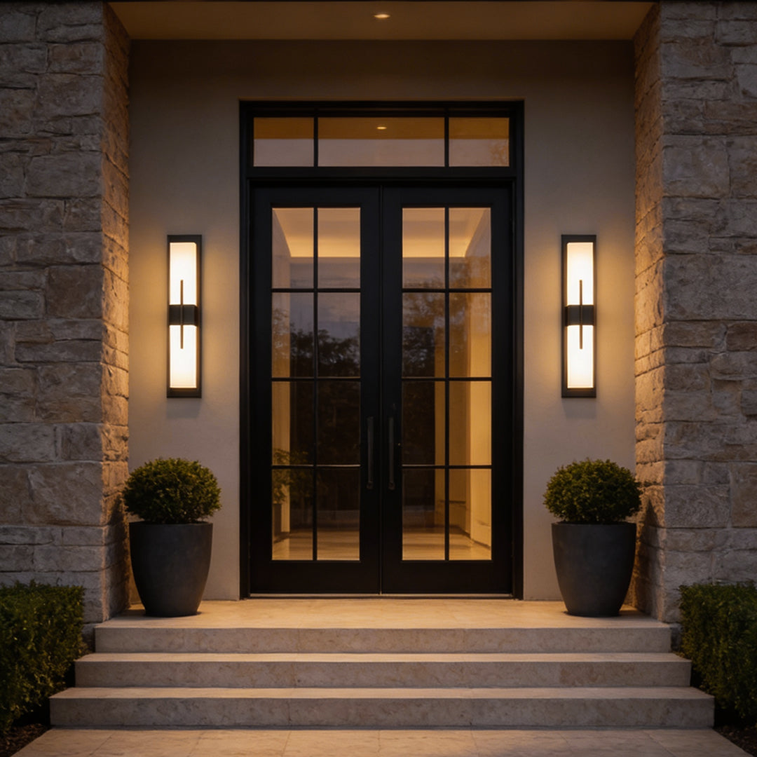 Tall rectangular outdoor wall light beside modern house entrance — Casa Norex