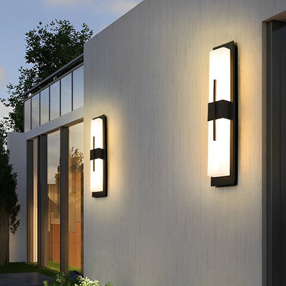 Tall rectangular outdoor wall light on white wall — Casa Norex