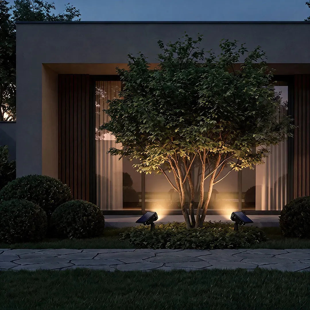 Solar spot light uplighting a tree in a modern home front yard — Casa Norex