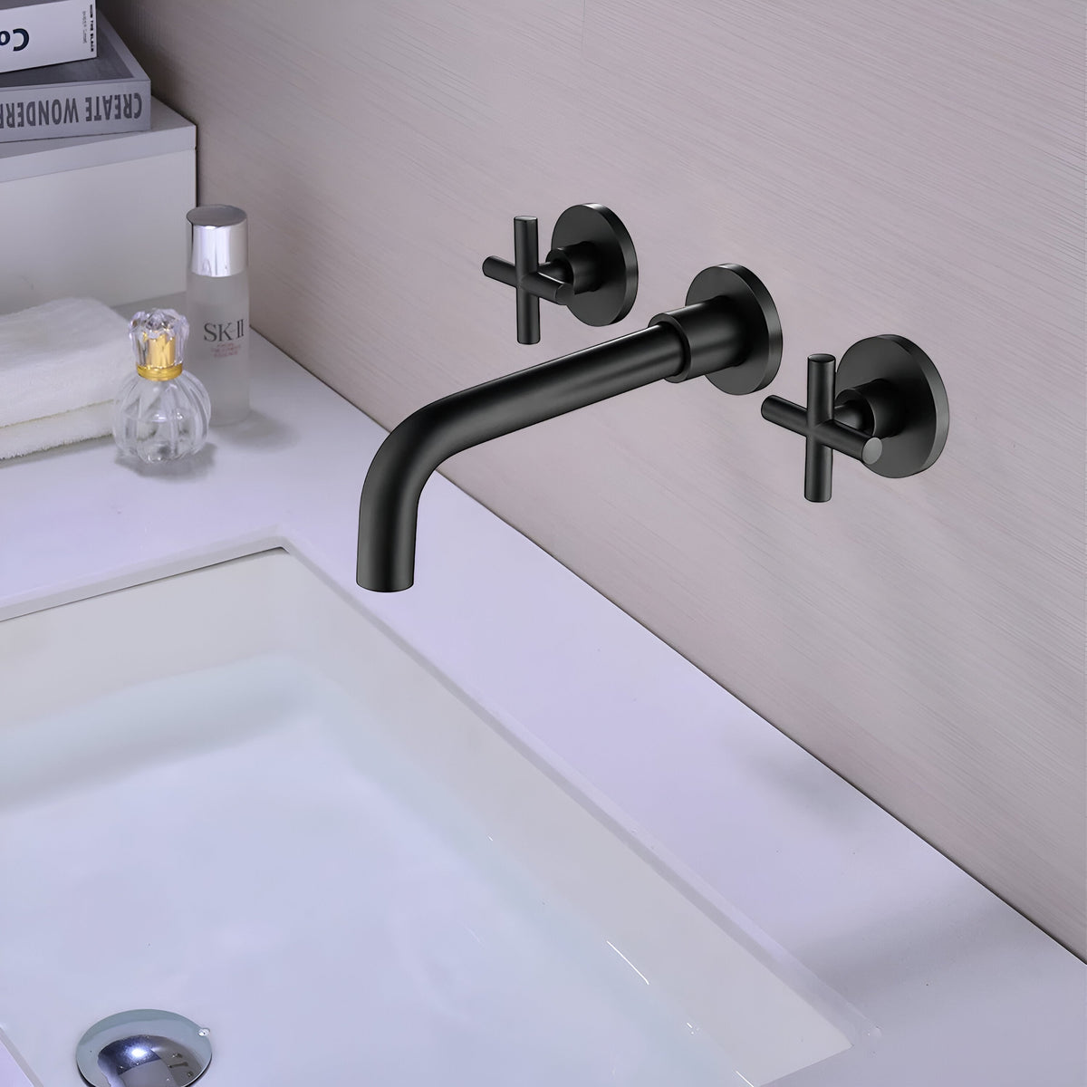 Rotare Wall-Mounted Bathroom Faucet installed — Black finish angle view | Casa Norex