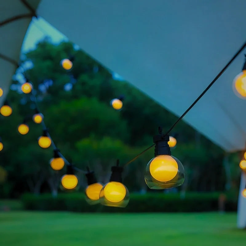 Looped solar string lights above a lawn at dusk — Casa Norex