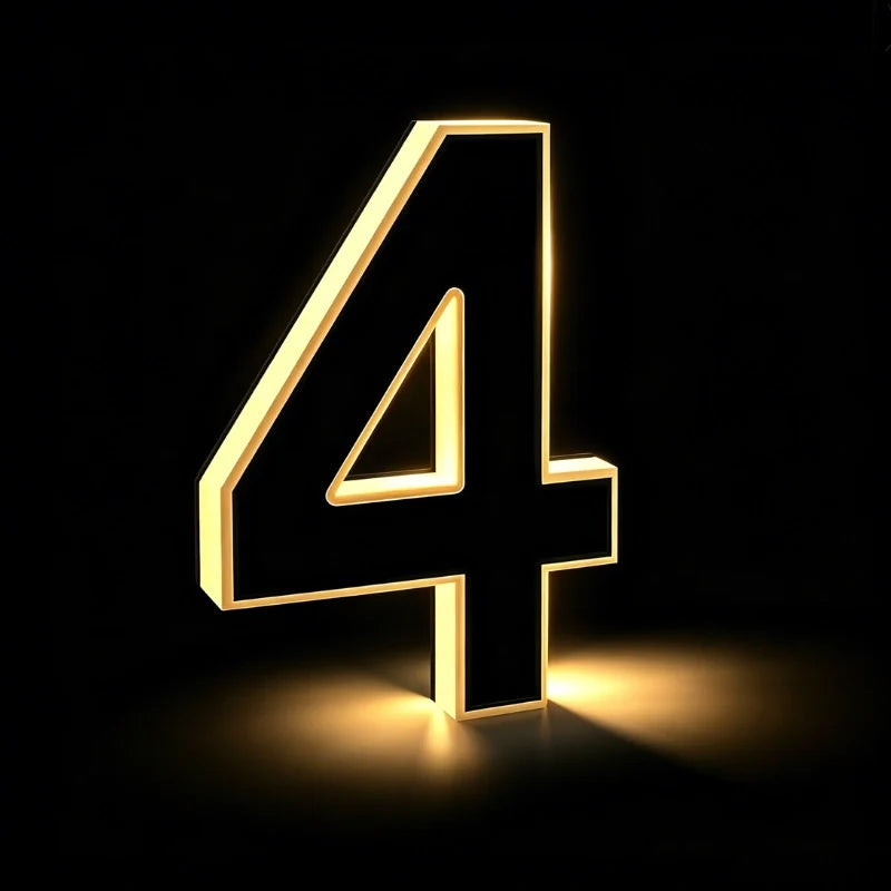 Illuminated number 4 in matte black with a warm white outline | Casa Norex