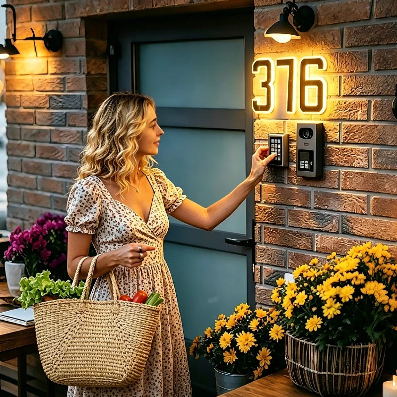Woman at a front door with illuminated number 376 beside the doorbell — Casa Norex