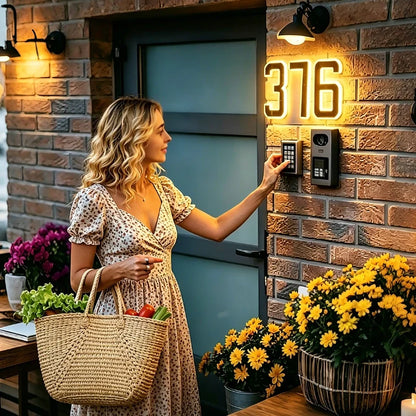 Woman at a front door with illuminated number 376 beside the doorbell — Casa Norex