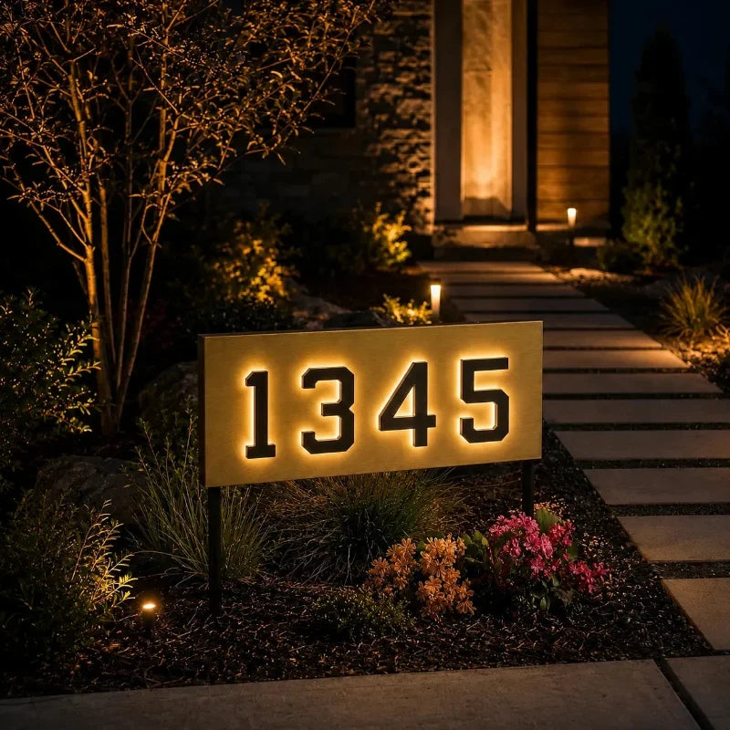 Illuminated number 1345 on a lit sign among garden plants — Casa Norex