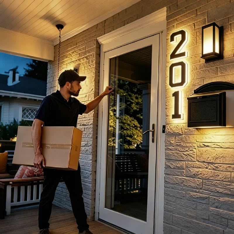 Delivery driver at a white brick entrance with number 201 lit beside the door — Casa Norex