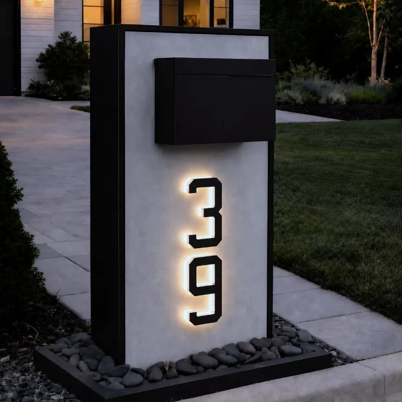 Illuminated number 39 mounted on a pillar beside a mailbox — Casa Norex