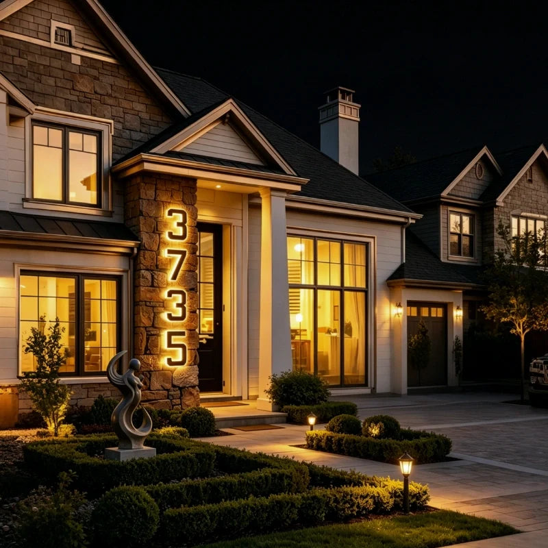 Warm lit house number 3735 on a home front at dusk — Casa Norex