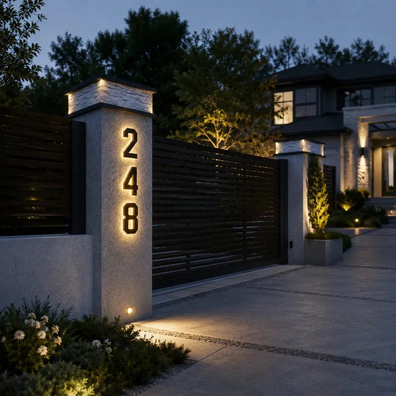 Illuminated number 248 on a stone gate pillar at dusk — Casa Norex