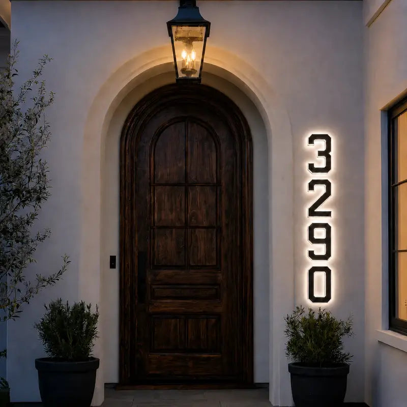 Vertical house number 3290 beside an arched wooden front door — Casa Norex