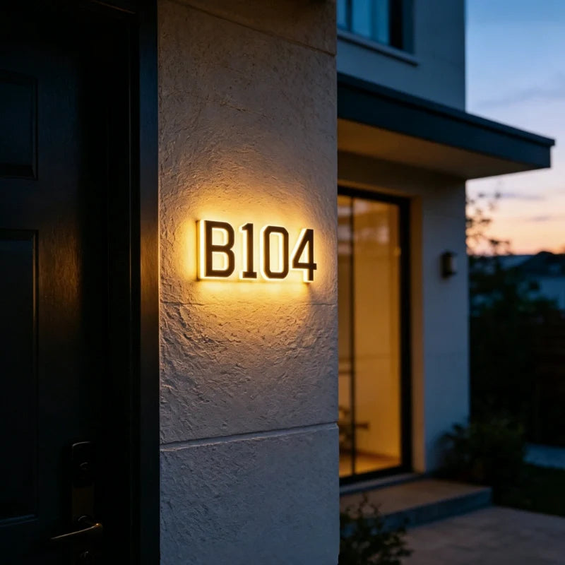 Illuminated address B104 on an exterior wall at dusk — Casa Norex