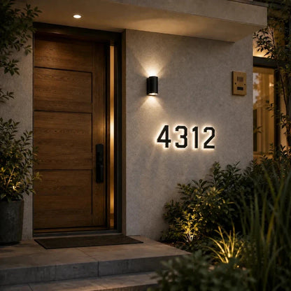 House number 4312 glowing on a white wall beside a wooden door — Casa Norex