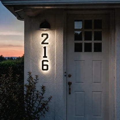 Vertical number 216 beside a white front door at dusk — Casa Norex