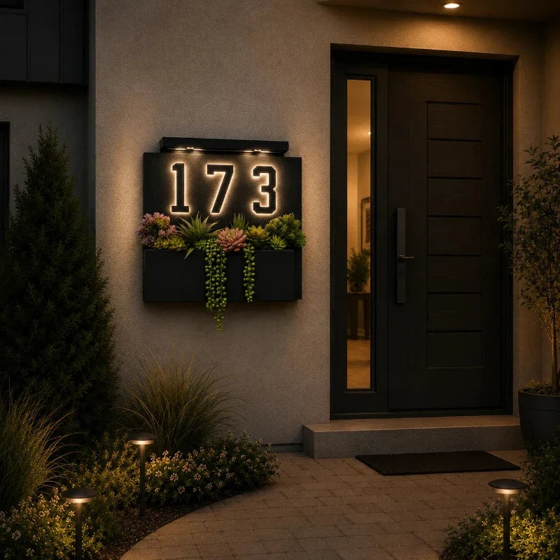 House number 173 in a framed wall panel with plants at the entrance — Casa Norex