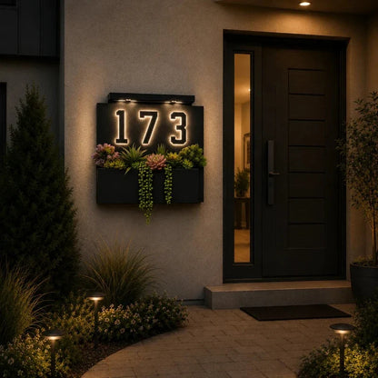 House number 173 in a framed wall panel with plants at the entrance — Casa Norex