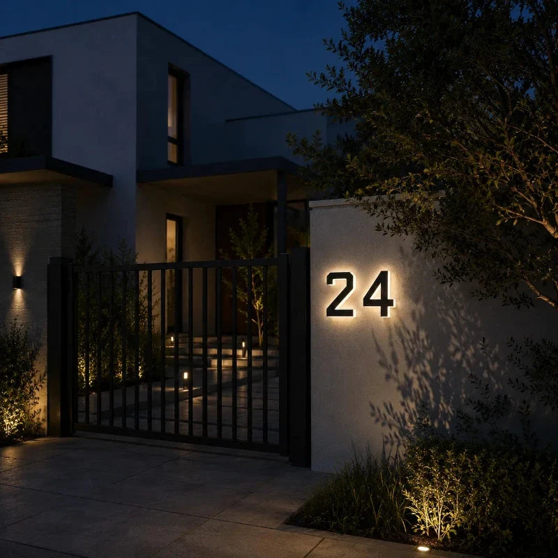 Illuminated number 24 on a rendered wall beside a gate — Casa Norex