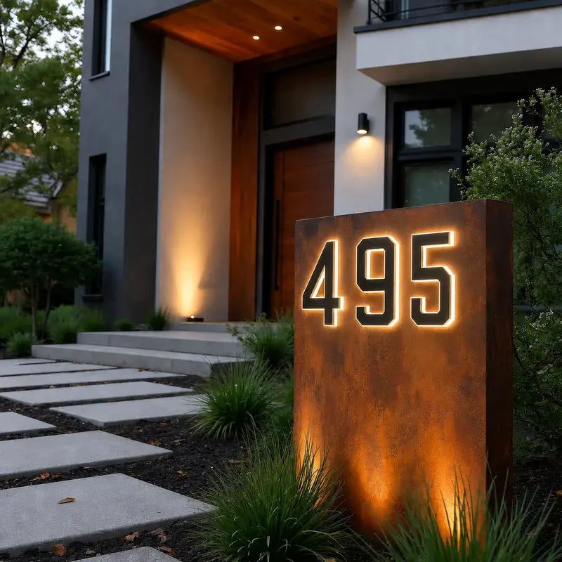 Illuminated number 495 on a rust-toned entrance pillar — Casa Norex