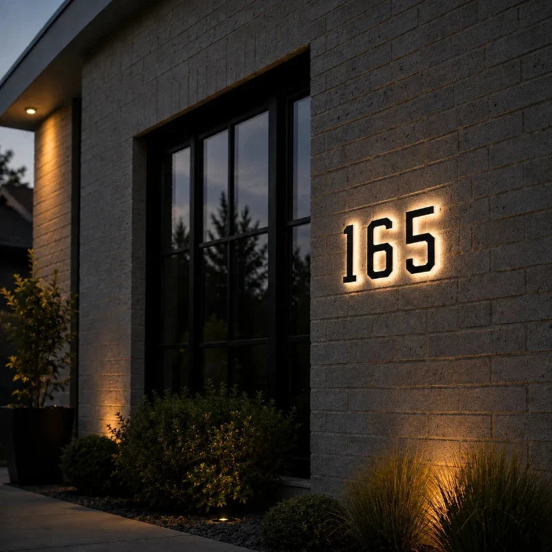 House number 165 glowing on a textured wall beside large windows — Casa Norex