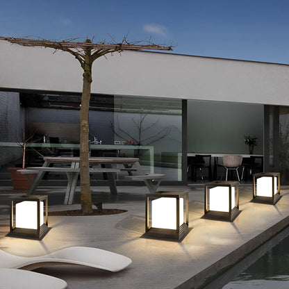 Plinth minimalist pedestal light by a terrace seating area | Casa Norex